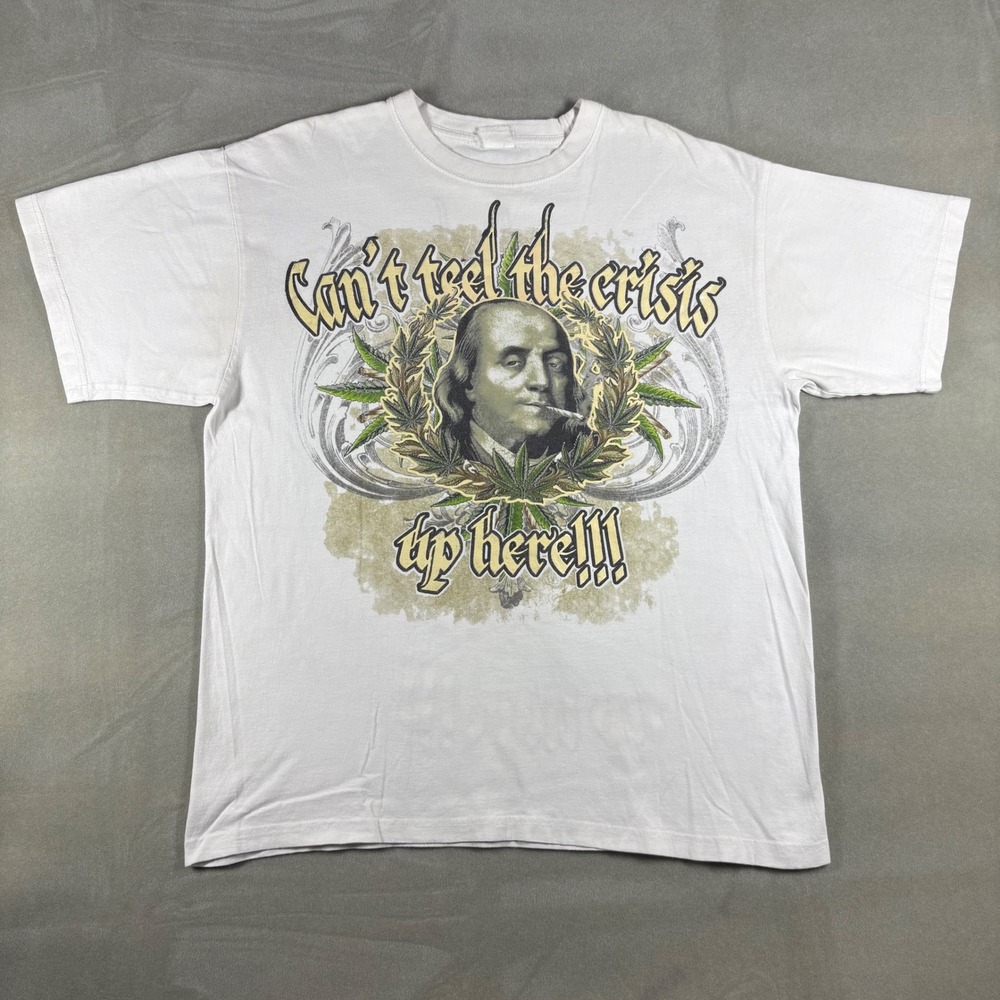 Vintage Y2K Ben Franklin Can't Feel The Crisis Graphic T-Shirt White Mens XL